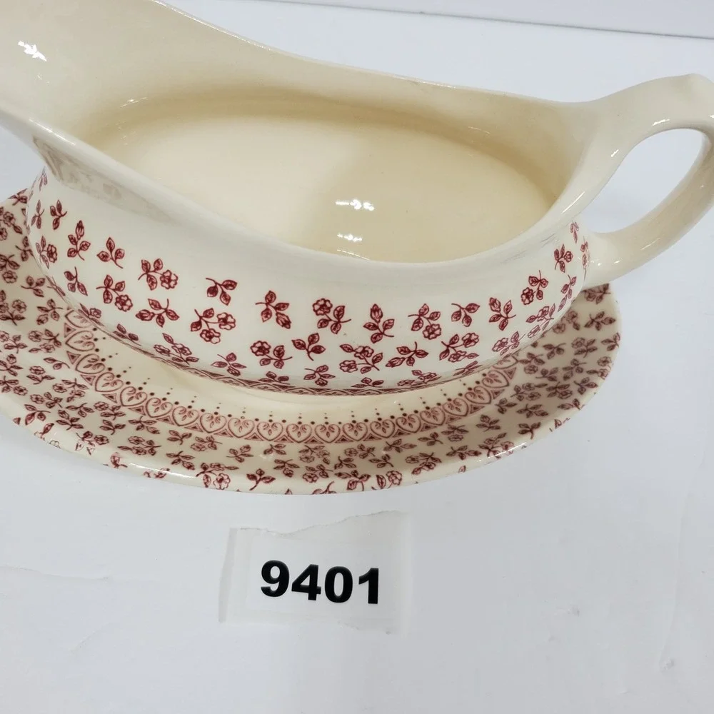 English Ironstone Tableware Provence Red Floral Gravy Boat & Underplate Set of 2